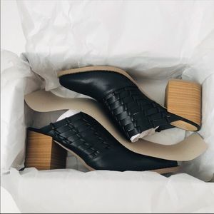 New! Faux Leather Block Heel Pointed Mules Heels